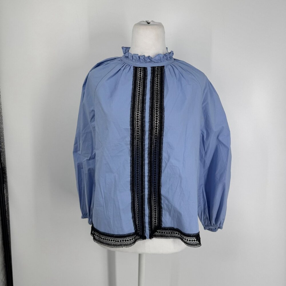 Sandro Paris Womens Blouse Size 0 Light Blue Ruffle Collar Balloon Sleeve Tops